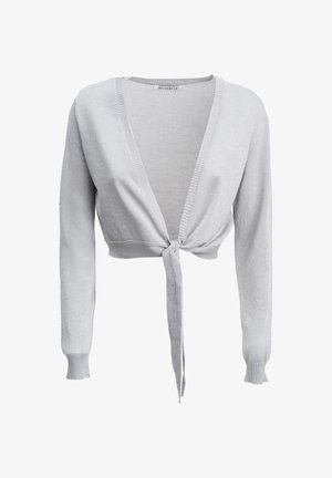 Hellgraue, kurze Strickjacke mit langen Ärmeln und einer vorderen Knotenschleife, mit einem gerippten Ausschnitt und Bündchen.