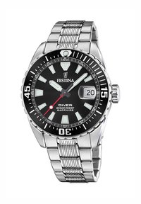 Edelstahl-Taucheruhr mit einem schwarzen Zifferblatt, leuchtenden Stundenmarkierungen, Datumsanzeige und einem Metall-Mesh-Armband; verfügt über eine einseitig drehbare Lünette.