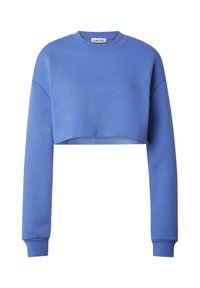 Gekürzter blauer Sweatshirt mit Rundhalsausschnitt, langen Ärmeln und gerippten Bündchen. Glatte Textur mit einem schlichten Design. Keine sichtbaren Logos.