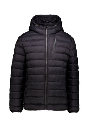 Chaqueta acolchada negra con capucha, que presenta un diseño acolchado, cremallera frontal y un bolsillo en el pecho con una cremallera negra, de textura suave.