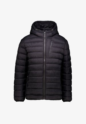 Zwarte pufferjack met capuchon, voorzien van een gestikt ontwerp, een rits aan de voorkant en een borstzak met een zwarte rits, met een gladde textuur.