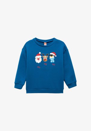 Blauwe sweatshirt van katoen met ribgebreide mouwen. Bevat geborduurde Kerstman, rendier en pinguïn met feestelijke hoedjes en de tekst "Ho Ho".
