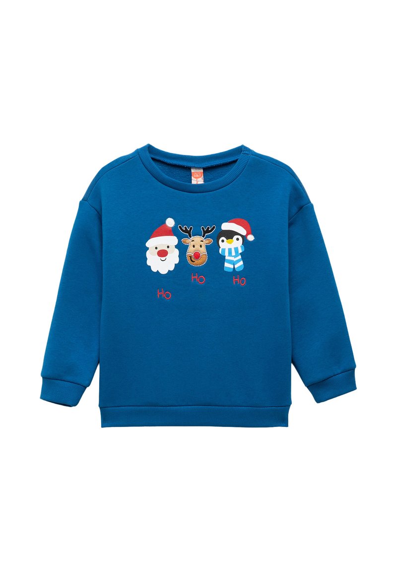 Sudadera azul de algodón con puños de canalé. Presenta un bordado de Papá Noel, renos y pingüinos con sombreros festivos y el texto "Ho Ho".