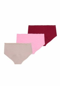 Trois paires de culottes pour femmes en beige clair, rose et bordeaux. Chacune a une texture lisse avec un détail de ceinture élastique à bords ondulés.