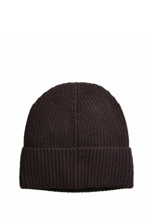 Dark brown knitted beanie made of soft material, featuring ribbed texture, fold-over cuff, and seamless top design.