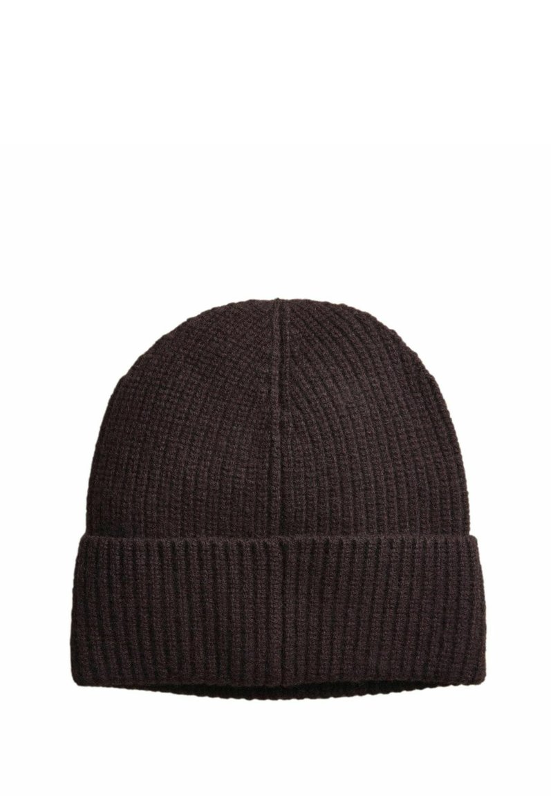 Dunkelbrauner gestrickter Beanie aus weichem Material, mit gerippter Textur, umklappbarem Bund und nahtlosem Oberteil.
