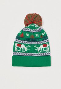 Cască tricotată verde cu un tiv gros, având reni și brazi albi, benzi cu modele albastre și roșii și un pompon multicolor.