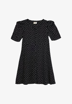 Czarna sukienka z krótkimi puffowanymi rękawami, białe kropki, zapięcie na guziki z przodu i rozkloszowanym dołem. Tkanina bawełniana, gładka w dotyku.