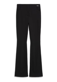 Černé zvonové kalhoty vyrobené z hladkého, elastického materiálu. Obsahují dvě přední kapsy a zapínání na knoflík v pase pro bezpečné nošení.