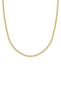 Zelta pērļu kaklarota ar vienmērīgi izmēra, pulētiem sfēriskajiem pērļiem, kas savilkti kopā nepārtrauktā, eleganta dizainā.