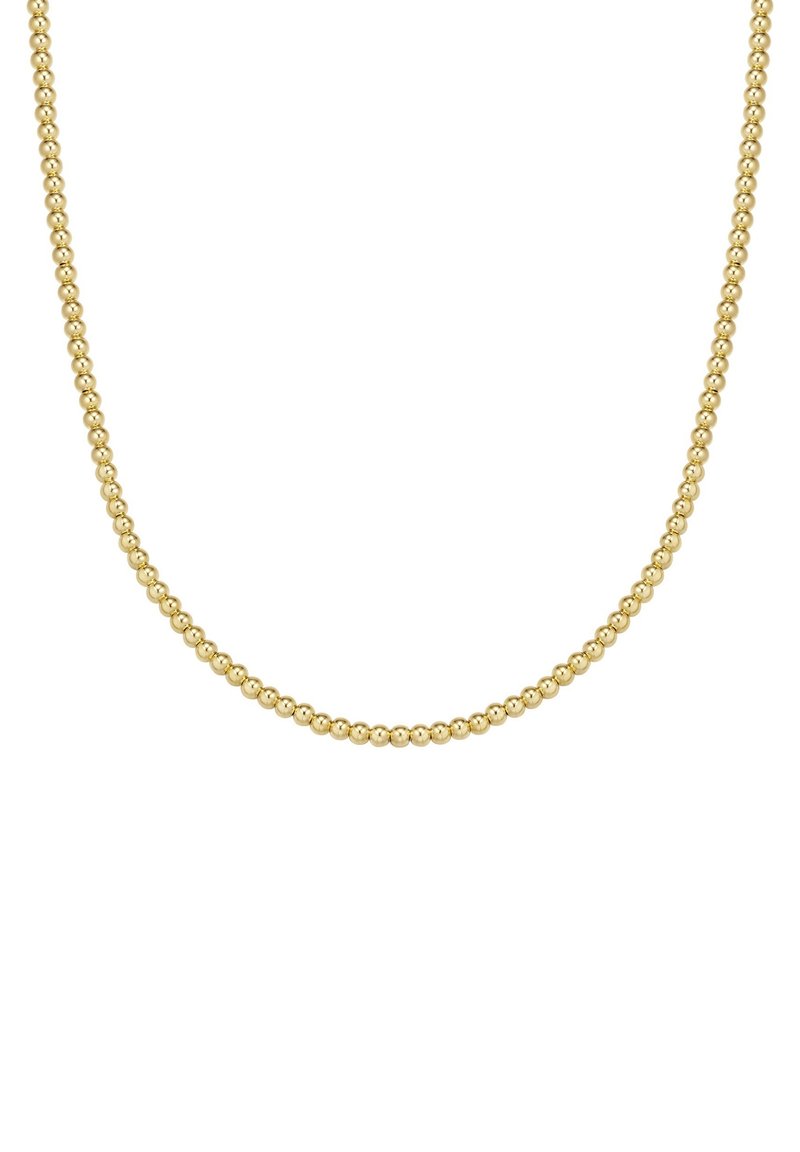 Zelta pērļu kaklarota ar vienmērīgi izmēra, pulētiem sfēriskajiem pērļiem, kas savilkti kopā nepārtrauktā, eleganta dizainā.