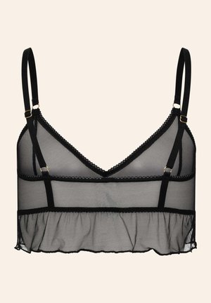 Zwarte sheer mesh bralette met verstelbare bandjes, scalloped rand en een gerimpelde zoom. Voorzien van goudkleurige hardware voor het aanpassen van de bandjes.