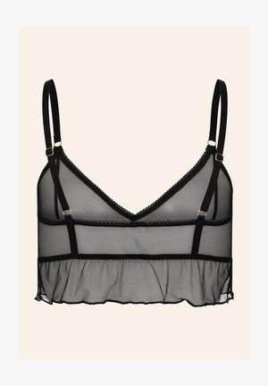 Schwarzer transparenter Mesh-Bralette mit verstellbaren Trägern, gewelltem Saum und Rüschenkante. Verfügt über goldfarbene Beschläge zur Trägeranpassung.