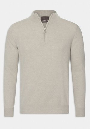 Maglione beige chiaro con zip e collo alto realizzato in tessuto morbido, caratterizzato da maniche lunghe, polsini a costine e un colletto testurizzato per un tocco di dettaglio.