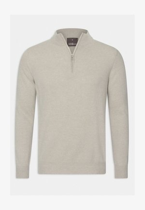 Lichtbeige ritsneck trui gemaakt van zachte stof, met lange mouwen, geribbelde manchetten en een gestructureerde kraag voor extra detail.