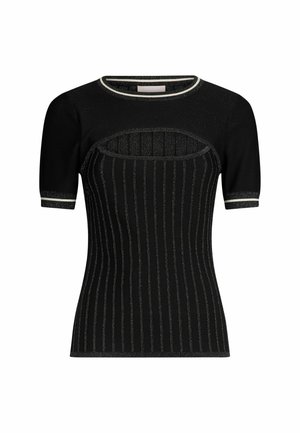 Black short-sleeve top with vertical stripes, textured fabric, and a cut-out design. Features a contrasting neckline and arm accents.