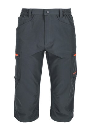 Tamsiai pilkos spalvos kelnaitės cargo stiliaus iki kelių su šoninėmis kišenėmis, sagos užsegimu ir oranžinės spalvos akcentais ant kišenių.