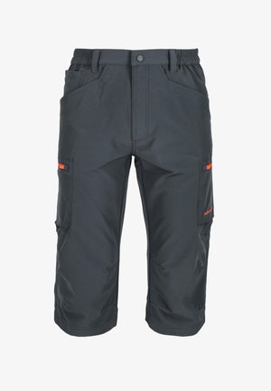 Tmavě šedé cargo kraťasy po kolena s bočními kapsami, zapínáním na knoflíky a oranžovými akcentními detaily na kapsách.