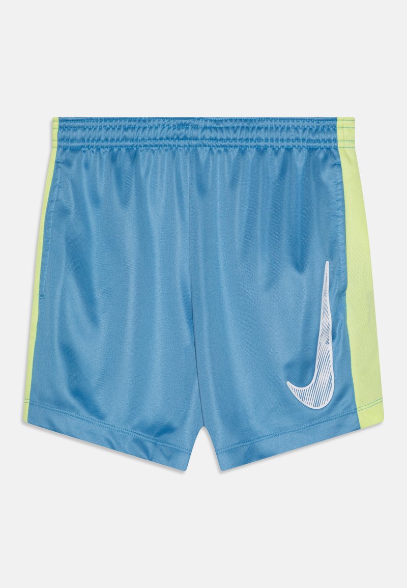 Pantalones cortos deportivos azules con una tela ligera, que cuentan con un panel lateral en neón amarillo y un logo de Nike contorneado en blanco en el frente.