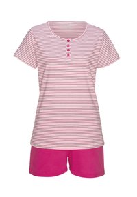 Pink and white striped short-sleeve pajama set with a round neckline and four-button placket, paired with solid pink shorts.