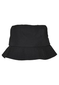 Pălărie neagră tip bucket, realizată dintr-un material ușor. Prezintă o margine lată și moale, cu o textură cusută. Design simplu, fără ornamente.