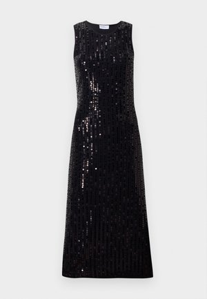 Sleeveless black maxi dress covered in vertical shimmering sequins, with a round neckline and straight silhouette.