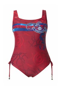 Maillot de bain une pièce rouge avec rayures horizontales bleu marine et bleu, motif corde, emblème décoratif de boussole, et liens réglables sur les côtés avec petits charms.
