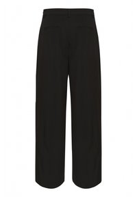 Black wide-leg trousers featuring a smooth fabric texture, cropped length, two back pockets, and a traditional waistband with belt loops.