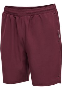 Maroon sportshorts gemaakt van lichtgewicht materiaal, met een elastische tailleband en zijzakken, een gladde textuur en zonder zichtbare patronen.