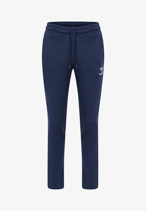 Pantaloni jogger blu navy con una vestibilità affusolata, realizzati in tessuto morbido. Presentano una cintura elastica con cordino e un piccolo logo sulla coscia sinistra.