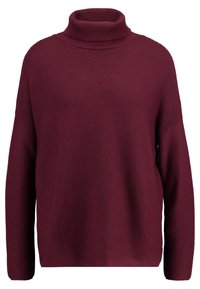 Maglione a collo alto di colore bordeaux con texture a coste, spalle scese e vestibilità rilassata. Realizzato in morbido materiale lavorato a maglia. Senza motivi visibili o accessori.