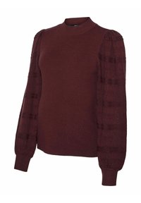 Burgundy tröja med hög krage, med stickad kropp och texturerade puffärmar. Ärmarna har ett mönstrat design och ribbade manschetter.