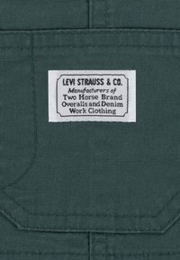 Modrozelená tkanina s bílou etiketou s nápisem "Levi Strauss & Co." a "Výrobci montérek a pracovního oblečení ze džíny značky Two Horse."