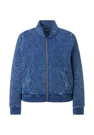 Blauwe gewatteerde jas met ritssluiting, abstracte spiraalpatronen, geribde manchetten en tailleband, met twee zijzakken en een opstaande kraag.