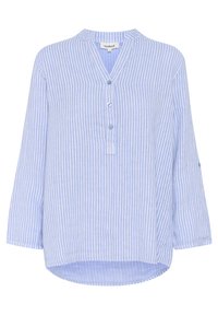 Blå og hvidstribet langærmet blouse med knaplukning, rund halsudskæring og afrundet kant. Fremstillet af letvægtigt, tekstureret stof.