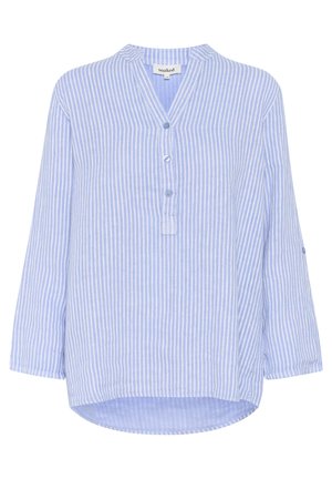 Mėlyna ir balta dryžuota ilgarankovė palaidinė su sagų juosta, apvalia iškirpte ir apvaliu kraštu. Pagaminta iš lengvos, tekstūruotos medžiagos.