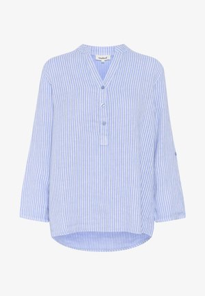 Kék és fehér csíkos, hosszú ujjú blúz gombolós pulttal, kerek nyakkal és lekerekített aljjal. Könnyű, texturált anyagból készült.