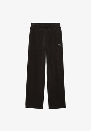 Mustad corduroy laiade jalad, millel on elastne vöökoht ja küljetaskud; vasakul jalal on väike hõbedane logo.