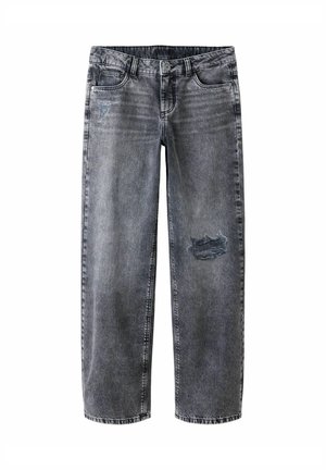 Grey denim jeans with a loose fit, featuring distressed details on the front, classic five-pocket design, and tonal stitching.