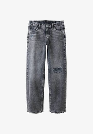 Grå denimjeans med avslappet passform, med blekede områder og et slitt parti på venstre kne. Klassisk design med fem lommer.
