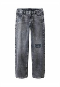 Vaqueros de mezclilla gris con un corte holgado, que presentan detalles desgastados en la parte frontal, diseño clásico de cinco bolsillos y costuras a tono.