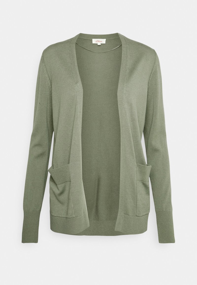 Cardigan vert olive clair à ouverture devant, manches longues, poignets, ourlet côtelés et deux poches avant.
