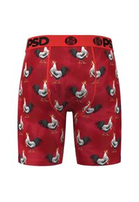 Calzoncillos bóxer rojos con un estampado repetido de gallos en blanco y negro. La cinturilla es negra con un logo y la tela tiene una apariencia texturizada.