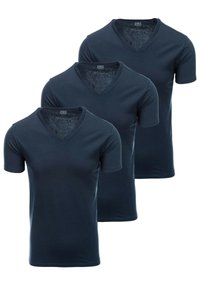 Drei marineblaue V-Ausschnitt-T-Shirts aus einem glatten, dehnbaren Stoff. Kurze Ärmel und ein taillierter Schnitt mit einheitlicher Textur.