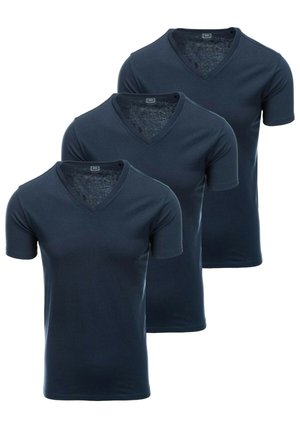 Drei marineblaue V-Ausschnitt-T-Shirts aus einem glatten, dehnbaren Stoff. Kurze Ärmel und ein taillierter Schnitt mit einheitlicher Textur.