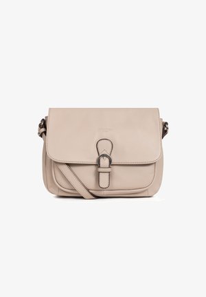 Light beige leather crossbody bag with a flap closure, featuring a central strap and metal buckle detail. Smooth texture and clean design.