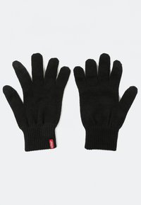 Black knitted gloves with a ribbed cuff, featuring a small red Levi's logo tag on one wrist. Designed with five finger accessibility.