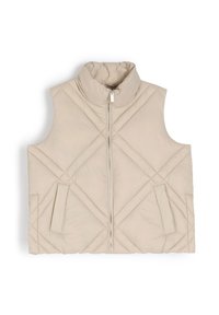 Beżowa pikowana kamizelka z wysokim kołnierzem, zamek b�łyskawiczny z przodu i dwie boczne kieszenie. Posiada ukośne przeszycia oraz miękką, wypchaną teksturę.
