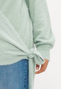 Ανοιχτό πράσινο, υφασμάτινο πουλόβερ με λεπτομέρεια πλαισίου, μακριά μανίκια και στρογγυλή ραφή, συνδυασμένο με μπλε τζην παντελόνι.