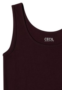 Débardeur marron foncé sans manches avec encolure dégagée et "CECIL ESSENTIALS" imprimé en blanc à l'intérieur du col.